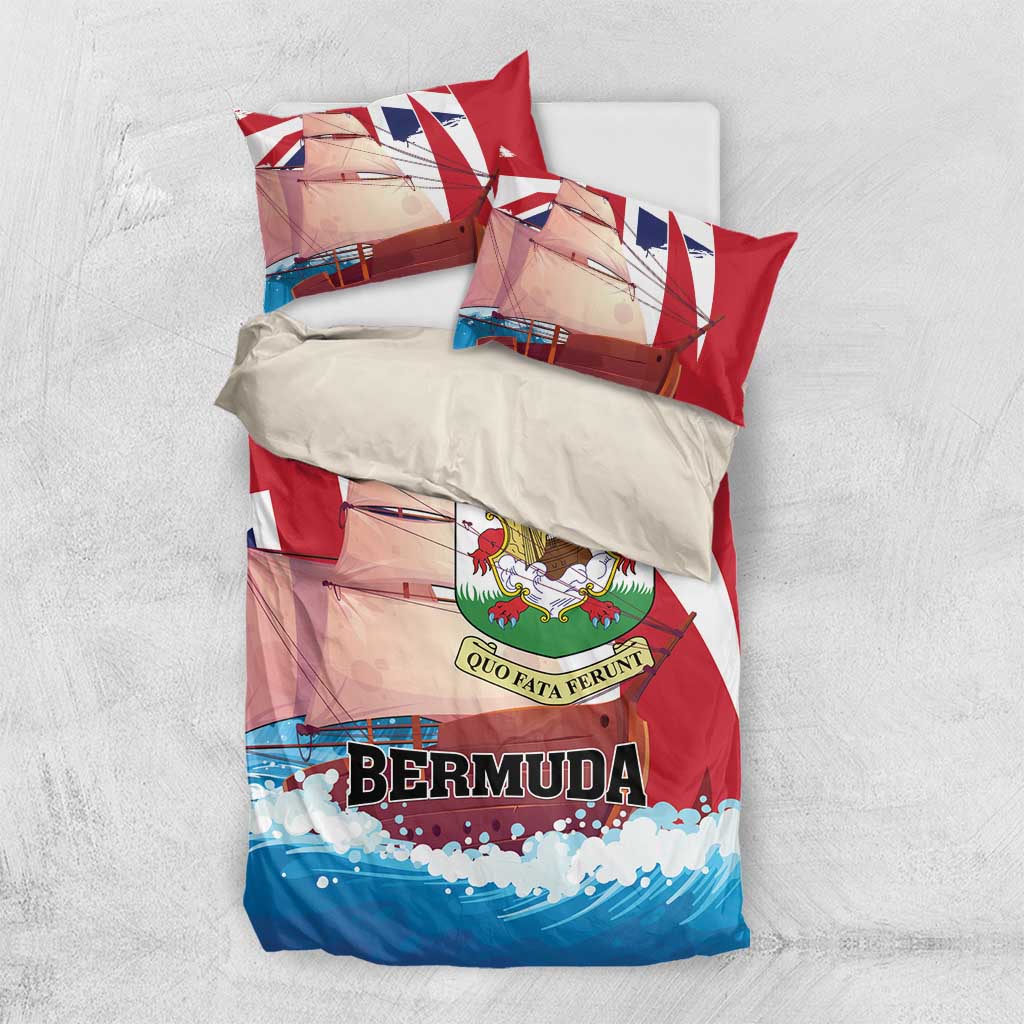 Red Bermuda bedding set with crest emblem and BERMUDA text, flag design, blue wave pattern