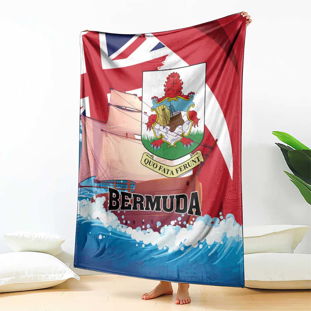 Red, white, and blue Bermuda-themed blanket with crest and “BERMUDA” text, spread out