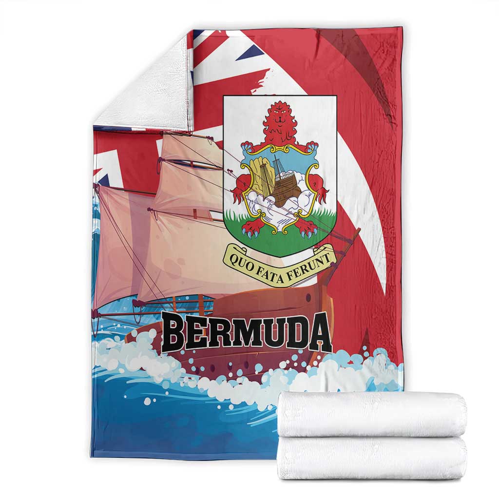 Bermuda-themed blanket set with red, white, and blue print, paired with folded white towels