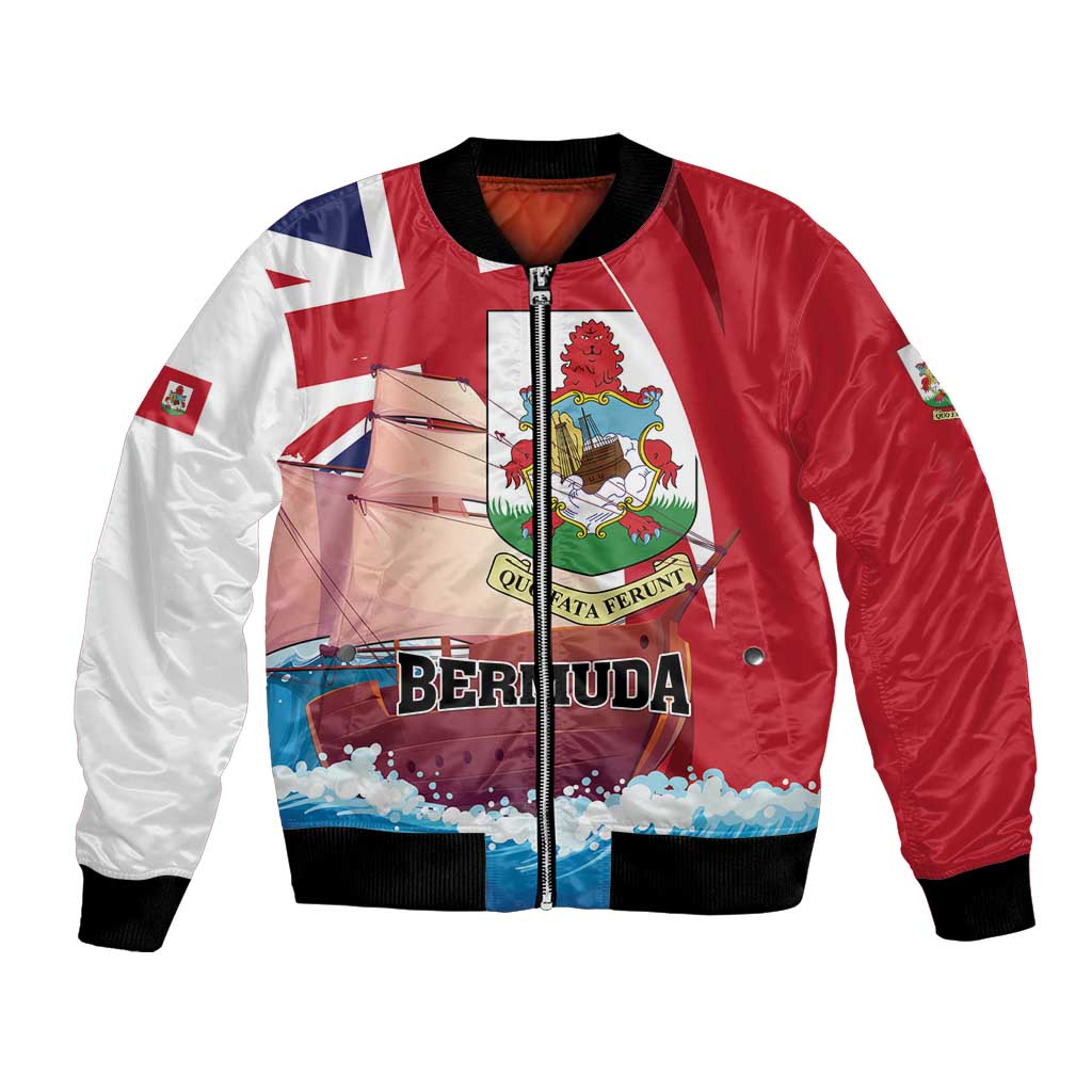 Red and white bomber jacket with black ribbed cuffs, front zip, Bermuda graphic and flag