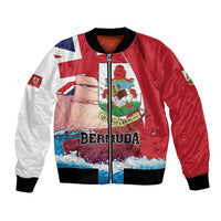 Red and white bomber jacket with black ribbed cuffs, front zip, Bermuda graphic and flag