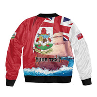 Red and white bomber jacket with black ribbed cuffs, front zip, custom text graphic and flag