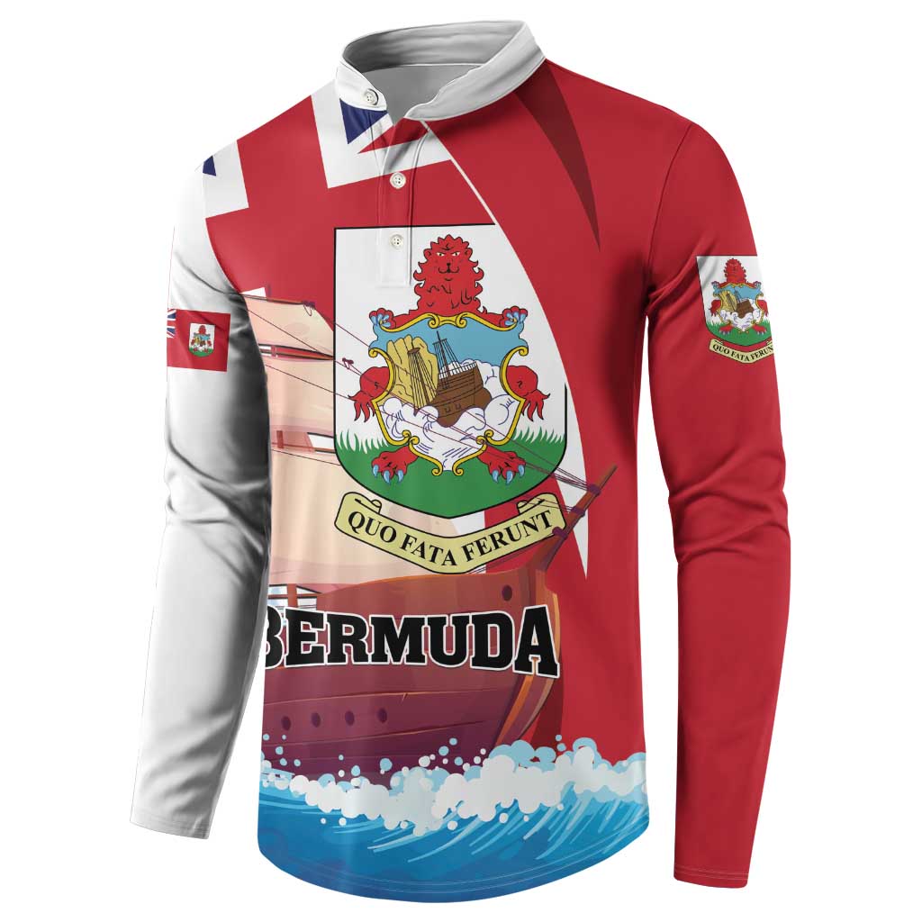 Red and white Bermuda button sweatshirt with crest graphic and flag-style sleeve accents