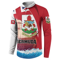 Red and white Bermuda button sweatshirt with crest graphic and flag-style sleeve accents