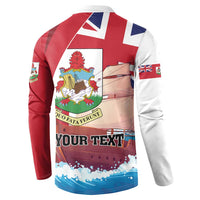 Red Bermuda button sweatshirt with crest back graphic, Union Jack stripe, and 'YOUR TEXT'
