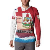 Red and white Bermuda button sweatshirt with button placket, crest logo, and 'BERMUDA' text