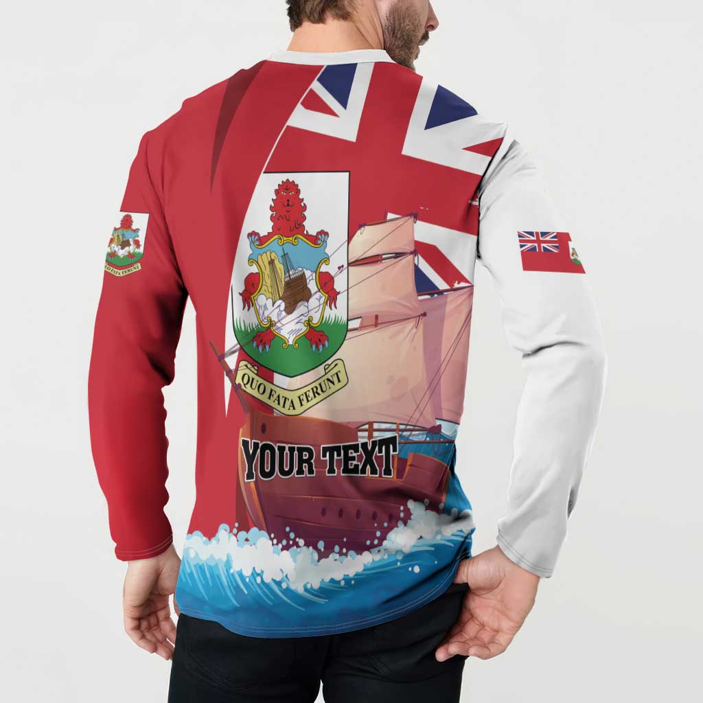 Red Bermuda button sweatshirt with back graphic, Union Jack details, and 'YOUR TEXT'