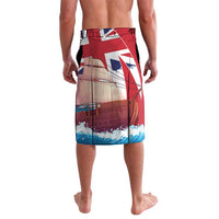 Red personalized bermuda shorts with UK flag and harbor landscape graphic, front view