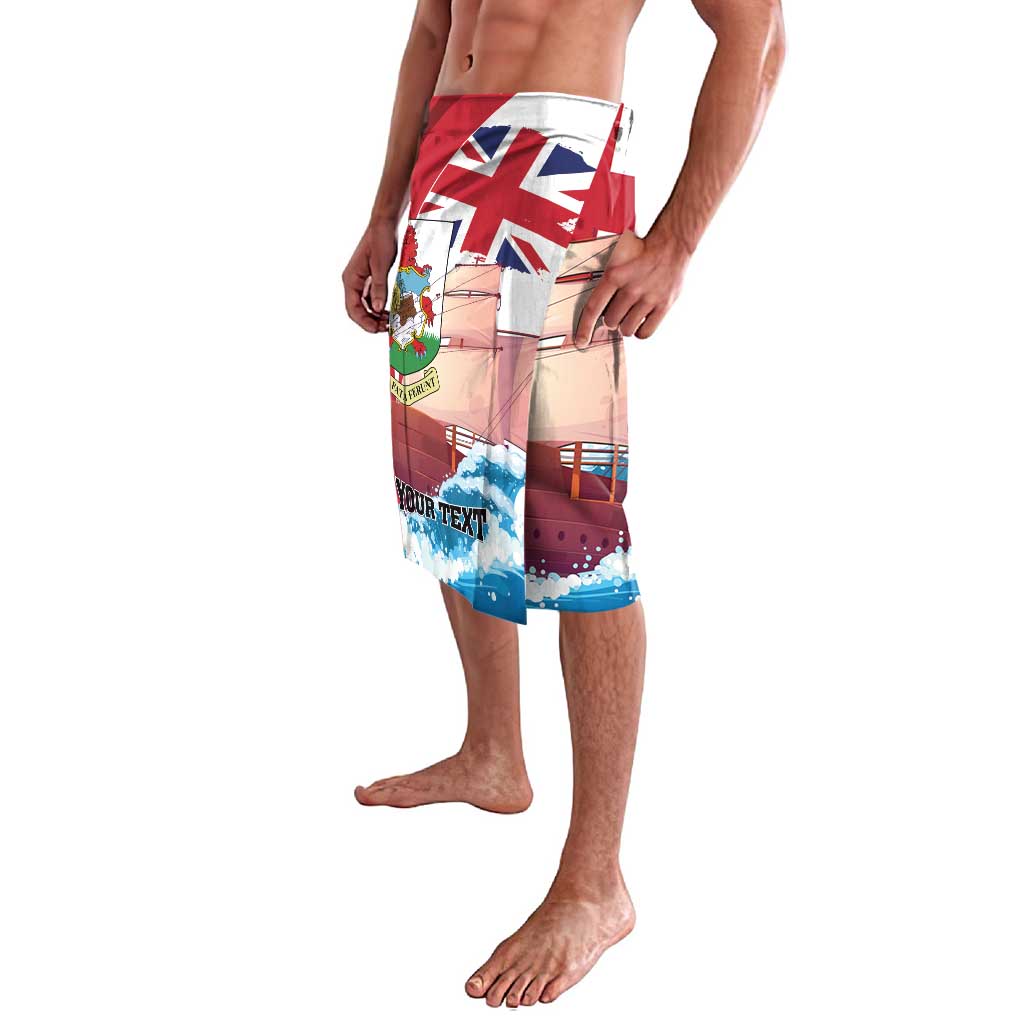 Red personalized bermuda shorts with UK flag and harbor landscape graphic, side view
