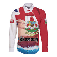 Red and white long-sleeve button shirt with Bermuda crest and graphic print
