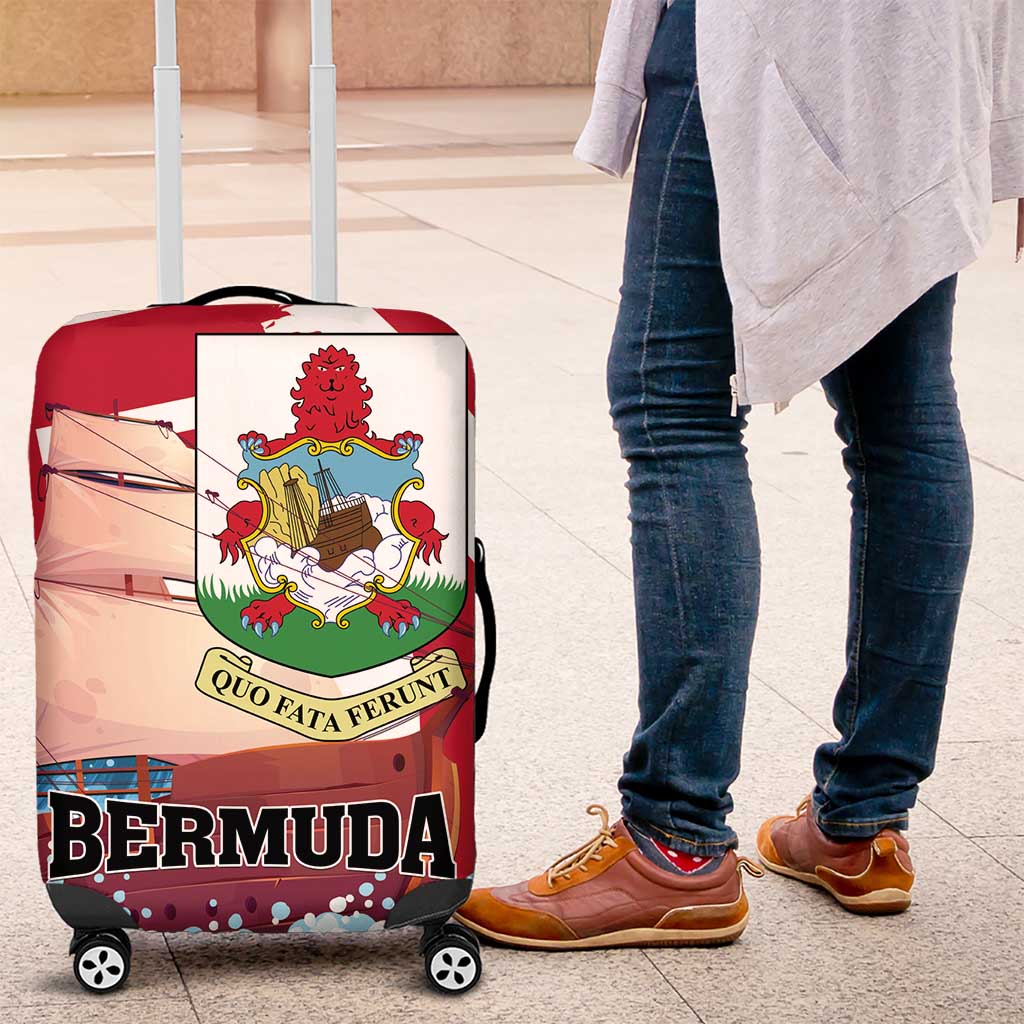 Red luggage cover with Bermuda crest graphic and elastic corner flaps, with four spinner wheels