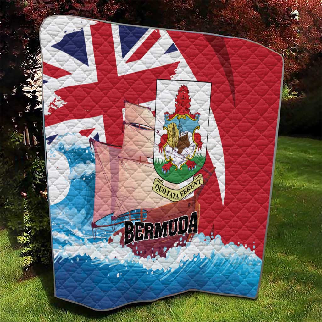 Bermuda quilt throw blanket with red and blue sections, Union Jack, and crest panel