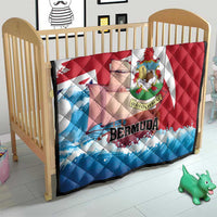 Bermuda quilt throw blanket in nursery, quilted red and blue waves with Bermuda text