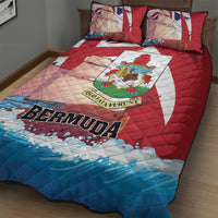 Red, blue, and white quilt bedspread with centered crest, Bermuda lettering, and stripe pattern
