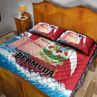 Quilt bed set with two pillows; red and blue bedspread with Bermuda text and crest
