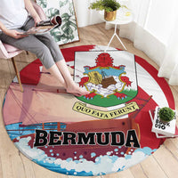 Red round rug with Bermuda crest, large BERMUDA lettering, and blue wave edge