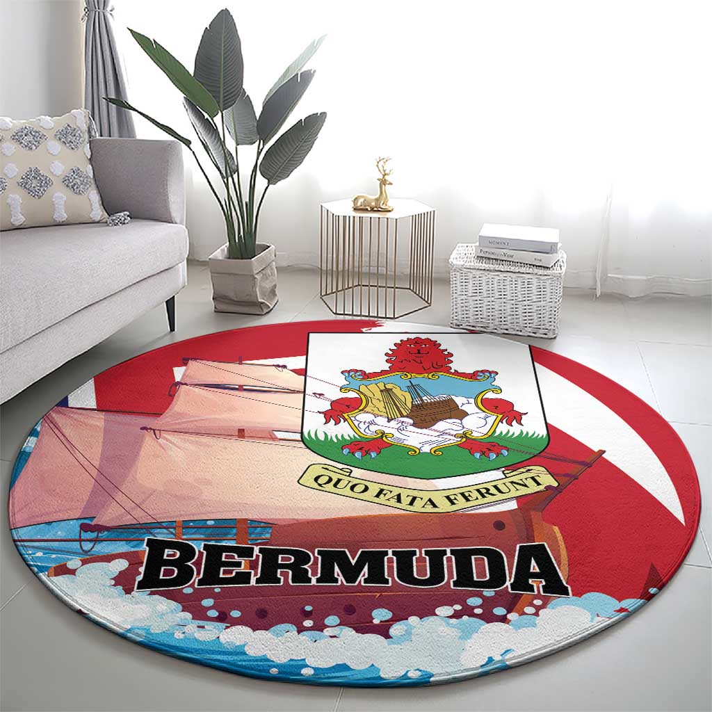 Red round rug with Bermuda crest center and bold BERMUDA text, blue wave border