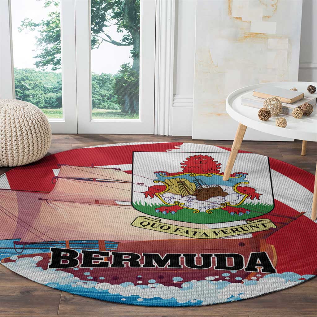 Red round rug with Bermuda crest and BERMUDA lettering across the lower portion