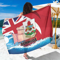 Red, blue, and white Bermuda print sarong with crest and waves, fully spread