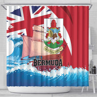 Bermuda style shower curtain in red, blue and white with crest emblem and sailboat scene