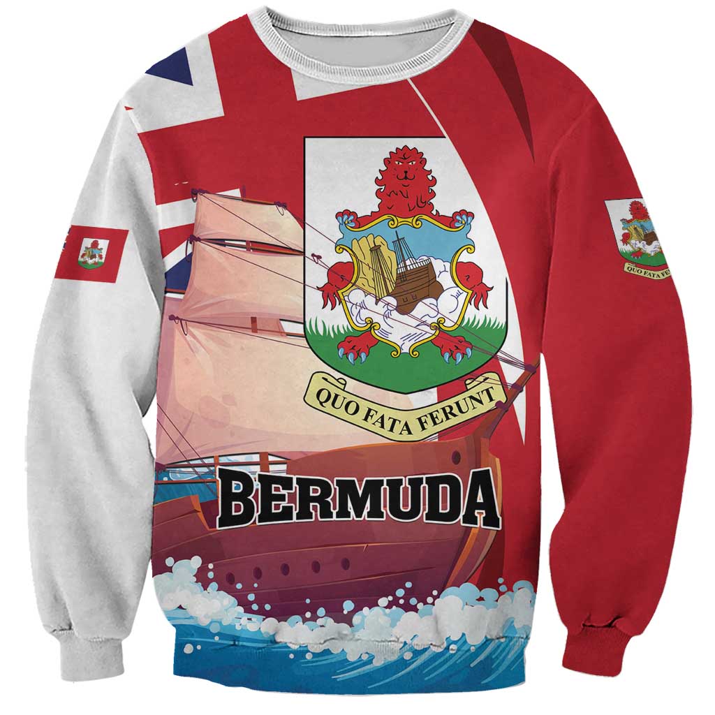 Personalized Bermuda sweatshirt, red with gray sleeves, bold front graphic and Bermuda text
