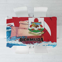 Bermuda crest tablecloth with red and blue wave pattern and central emblem