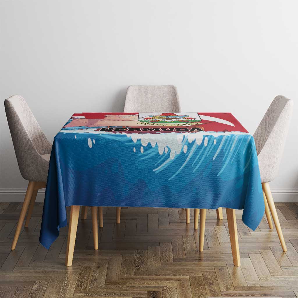 Top view of red and blue wave-pattern tablecloth on dining table with four chairs