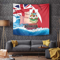 Red wall tapestry with Bermuda flag, ship illustration, and blue wave pattern
