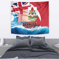 Red wall tapestry with Union Jack, coat of arms, ship, and blue ocean waves