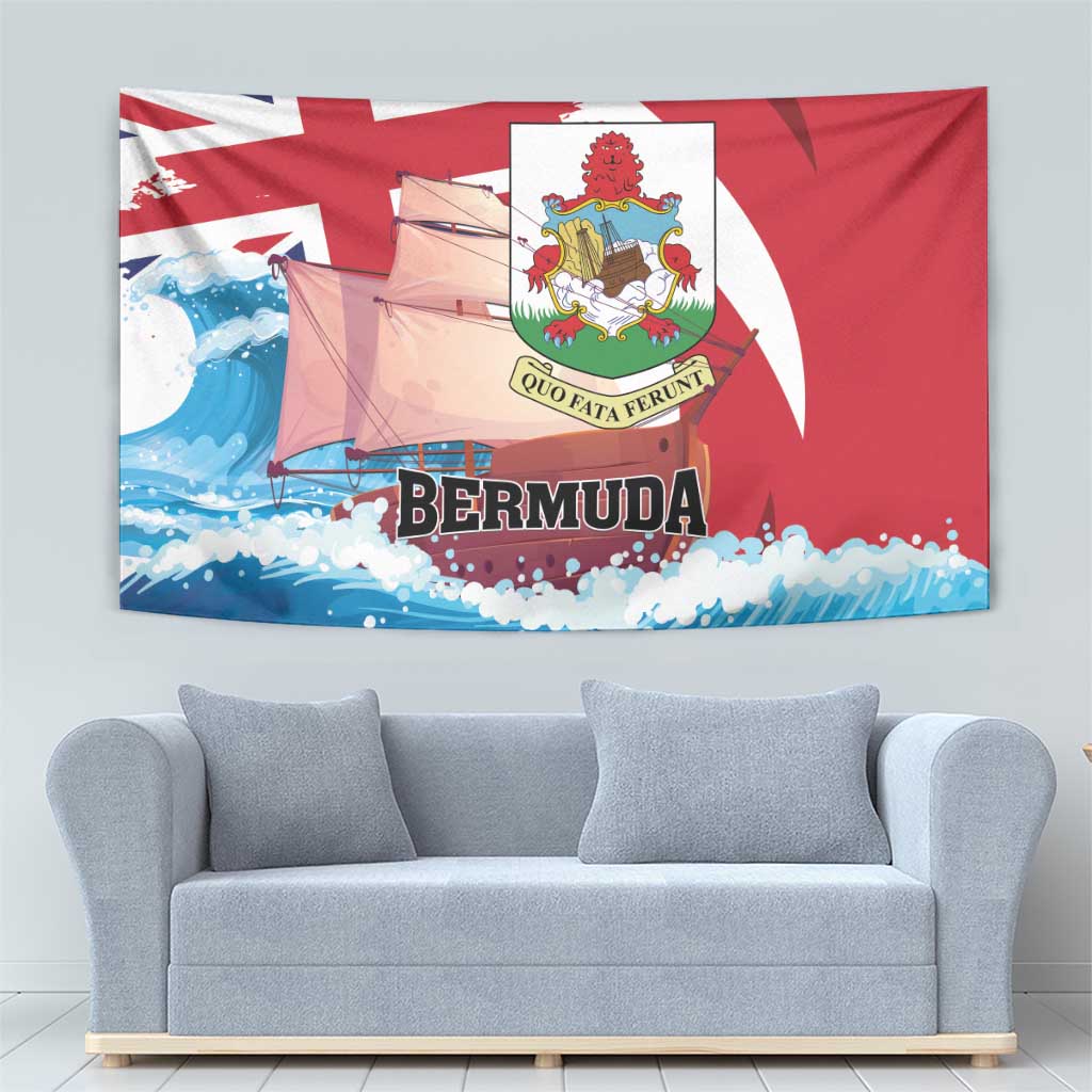 Red wall tapestry with Union Jack, coat of arms, ship, and blue wave border