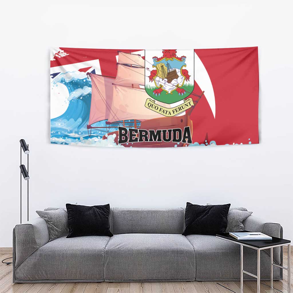 Red wall tapestry featuring Bermuda flag, crest, ship, and blue ocean waves