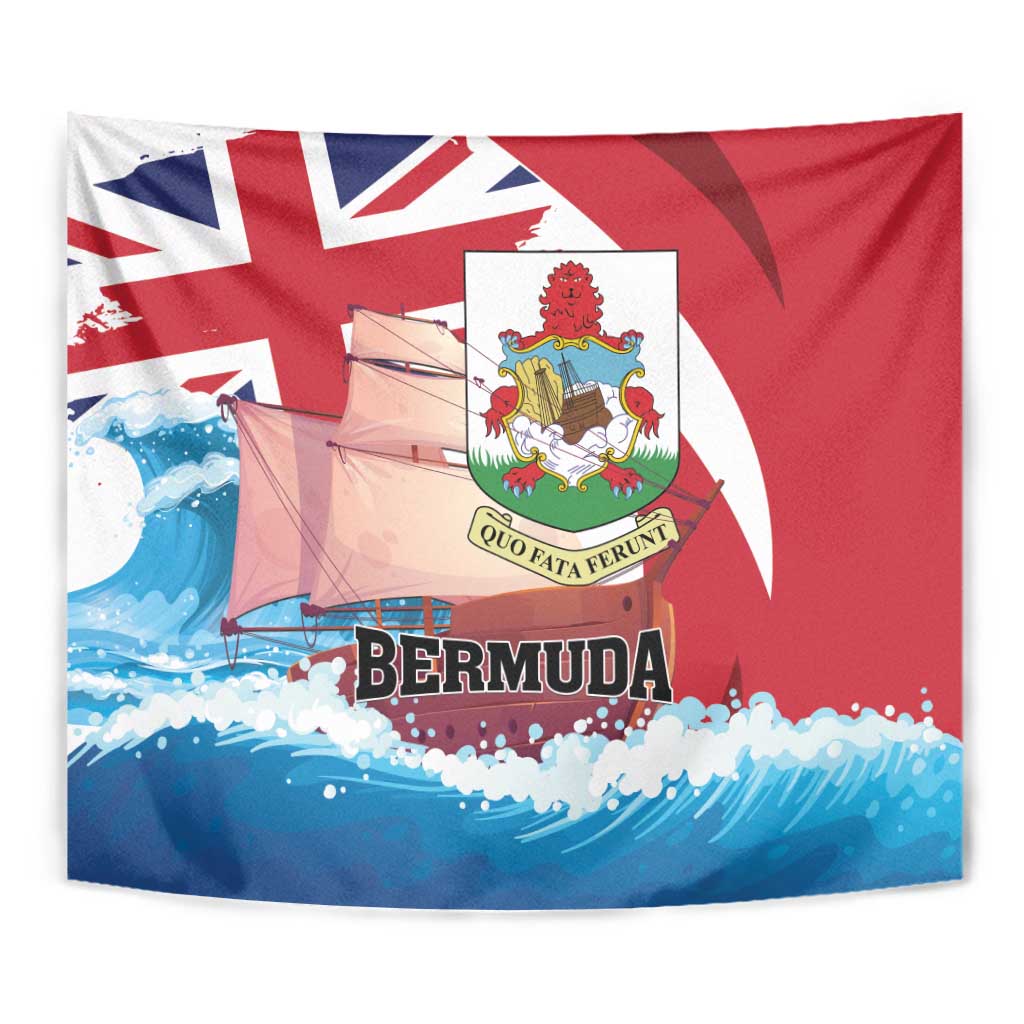 Red tapestry with Union Jack, coat of arms, ship illustration, and blue ocean waves