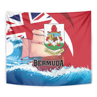 Red tapestry with Union Jack, coat of arms, ship illustration, and blue ocean waves