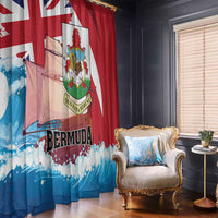 Bermuda window curtain with red and blue flag design, crest emblem, and wave border