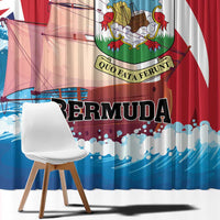 Bermuda window curtain with large text and crest graphic over blue wave pattern