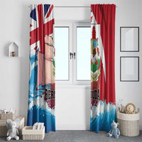 Bermuda window curtain pair with red and blue skyline-style print and wave bottom