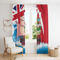 Bermuda window curtain pair on window, red right panel and blue left wave panel