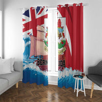 Bermuda window curtain pair with attached rod loops, red and blue flag-and-crest design