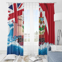 Bermuda window curtain set with top rings on rod, red and blue wave and crest print