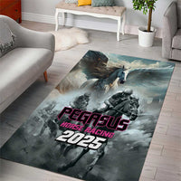 Gray area rug featuring Pegasus horse with 2025 event logo