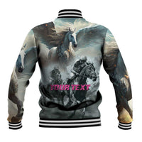 Pegasus horse racing baseball jacket, gray with back pegasus-and-rider graphic and text