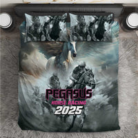 Gray Pegasus horse racing bedding set with Pegasus and 2025 graphic, includes pillowcases
