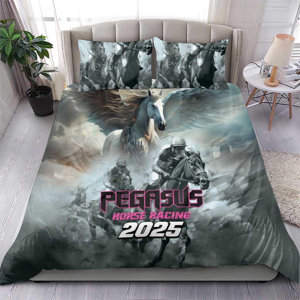 Gray Pegasus horse racing duvet with Pegasus and 2025 logo, plus matching pillowcases