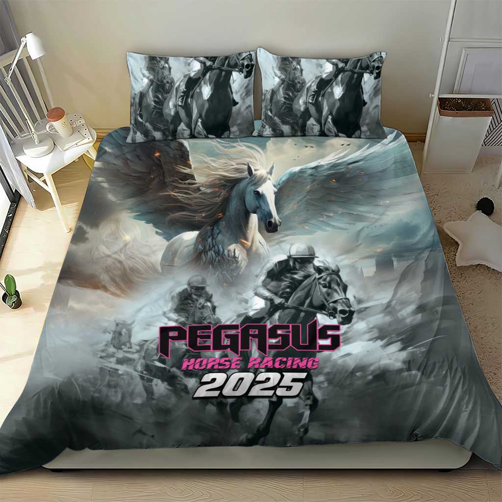 Gray Pegasus horse racing duvet set on bed with Pegasus and 2025 graphic, two pillows