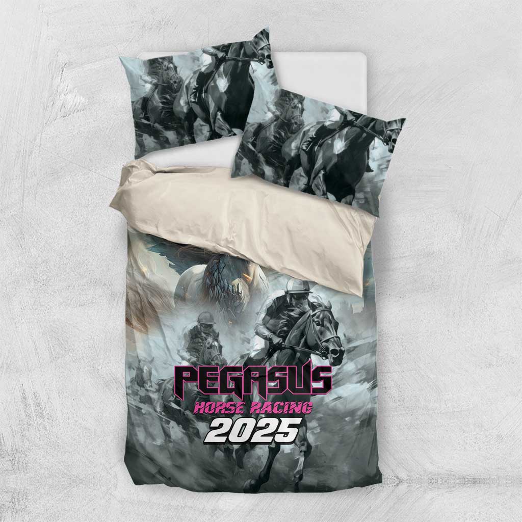 Gray Pegasus horse racing duvet set with Pegasus and 2025 graphic and two pillowcases