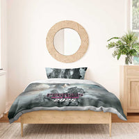 Gray Pegasus horse racing bedding set with Pegasus and 2025 logo on duvet and pillow