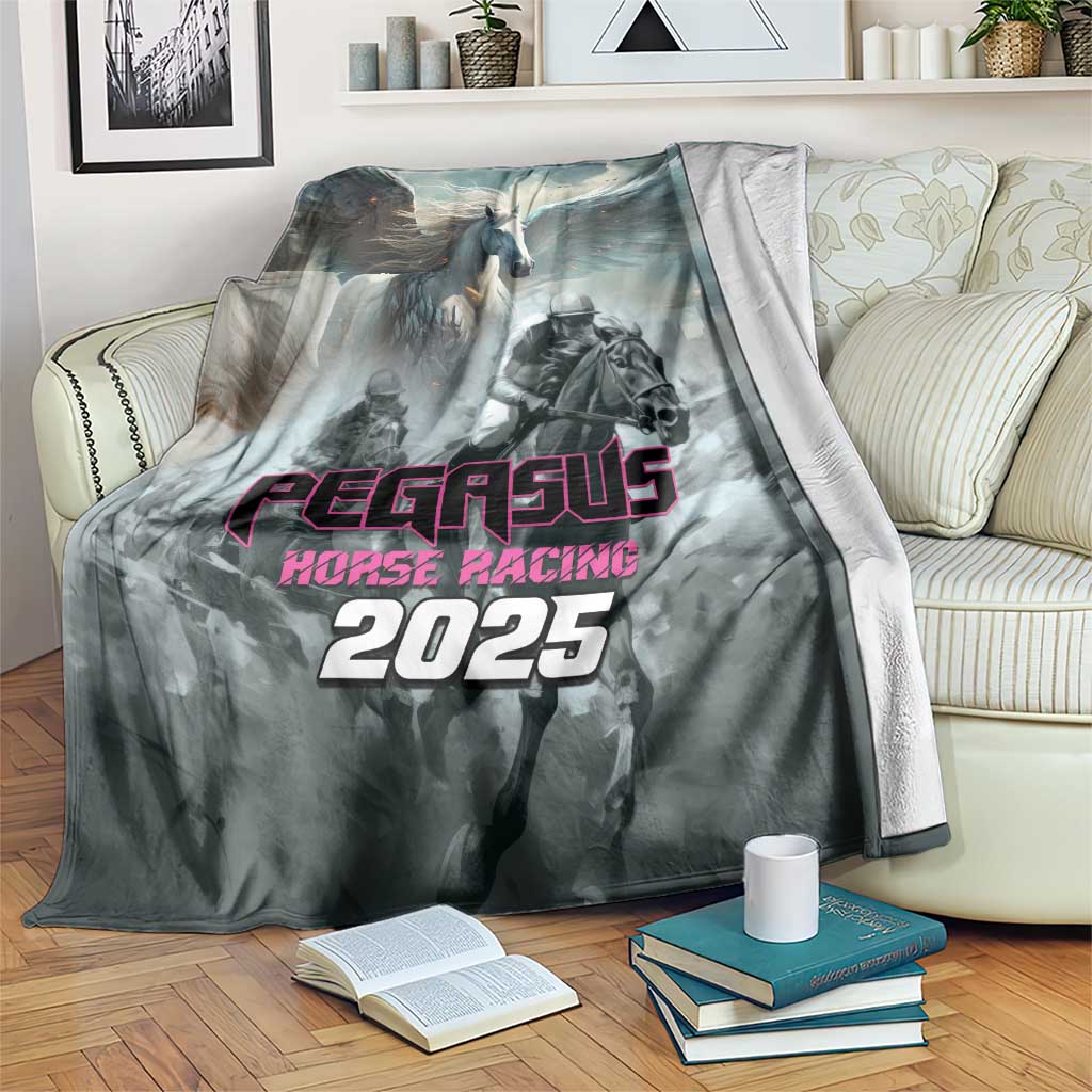 Gray horse racing blanket with Pegasus graphic, riders, and bold “2025” text