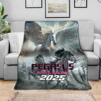 Gray Pegasus horse racing blanket with winged horse artwork and “2025” print