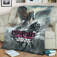Gray Pegasus horse racing blanket draped on sofa, featuring “2025” graphic