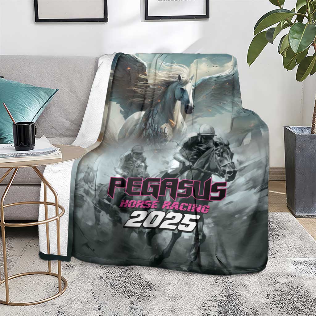 Gray Pegasus horse racing blanket with winged horse artwork and “2025” logo